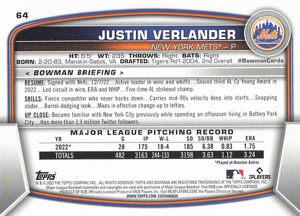 2023 Bowman Baseball Justin Verlander #64