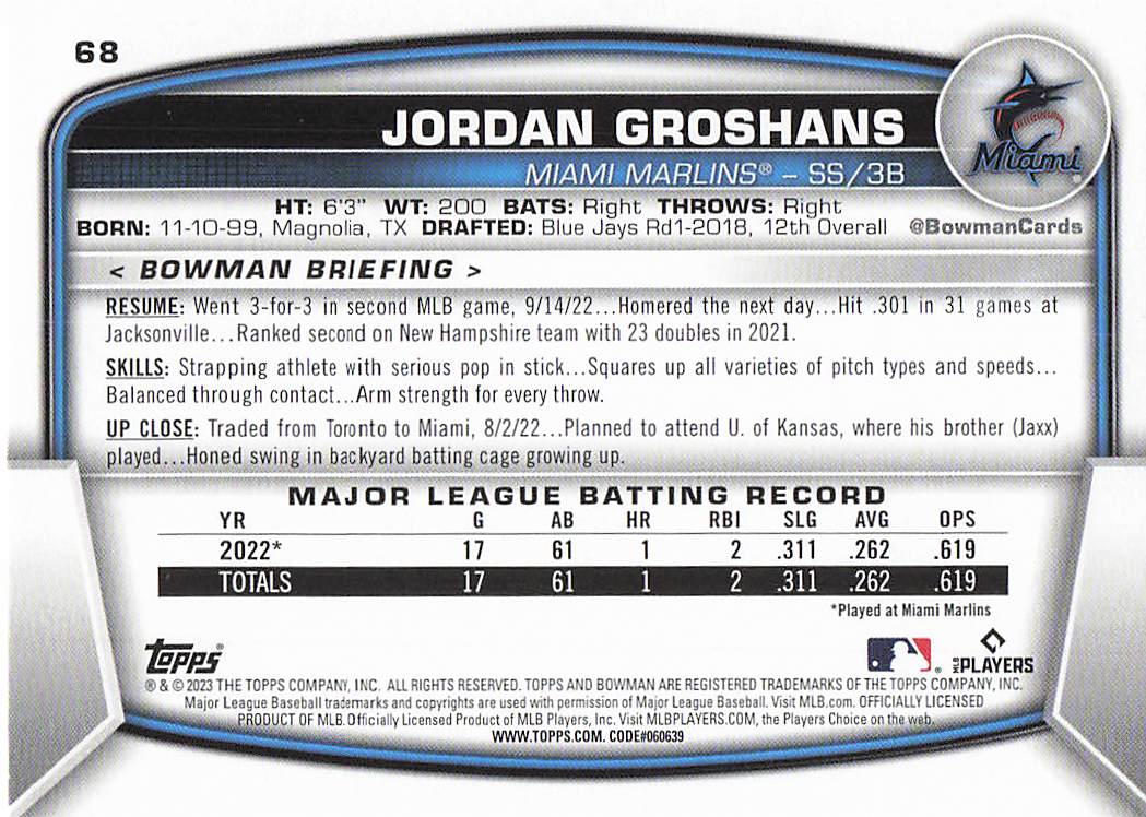 2023 Bowman Baseball Jordan Groshans #68 Rookie