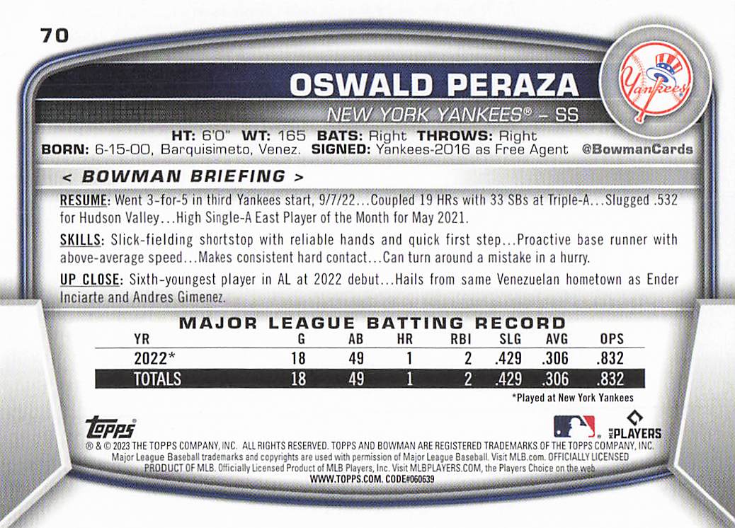 2023 Bowman Baseball Oswald Peraza #70 Rookie