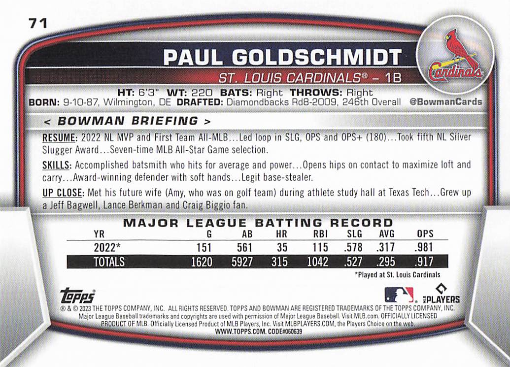 2023 Bowman Baseball Paul Goldschmidt #71