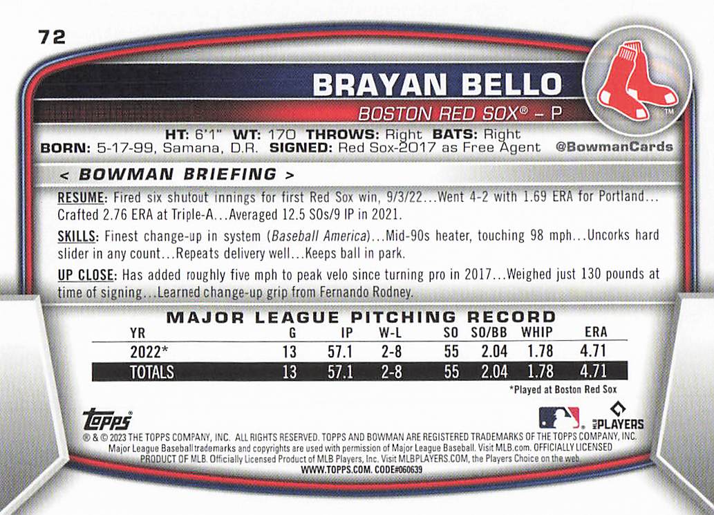 2023 Bowman Baseball Brayan Bello #72 Rookie
