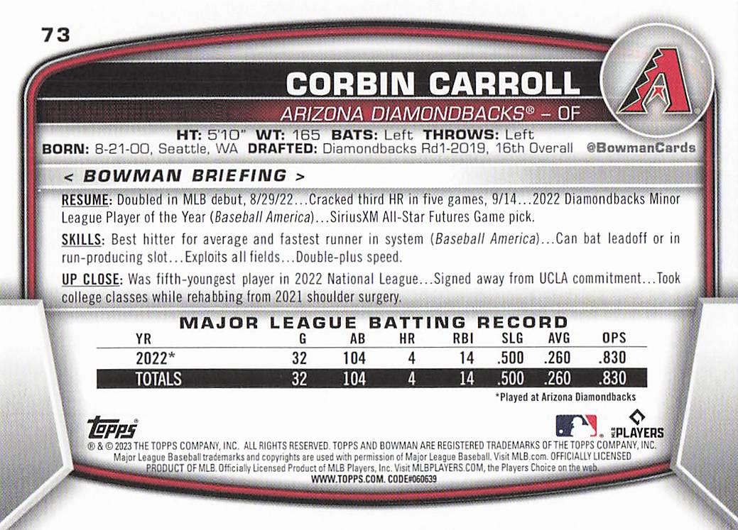 2023 Bowman Baseball Corbin Carroll #73 Rookie