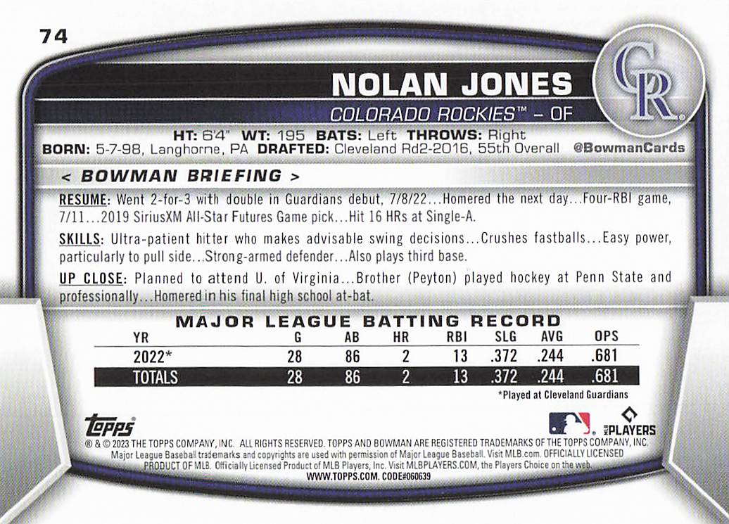 2023 Bowman Baseball Nolan Jones #74 Rookie
