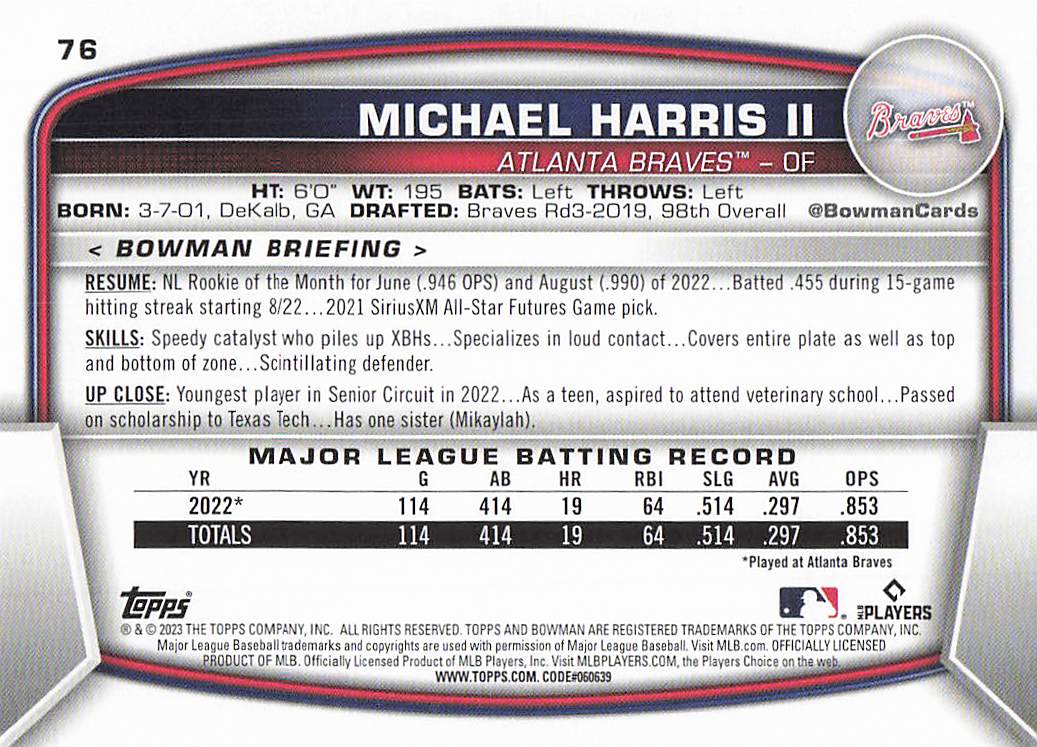 2023 Bowman Baseball Michael Harris II #76 Rookie
