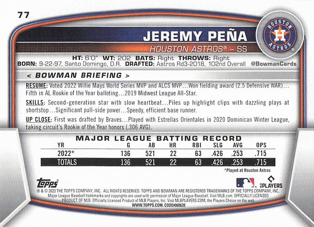 2023 Bowman Baseball Jeremy Pena #77