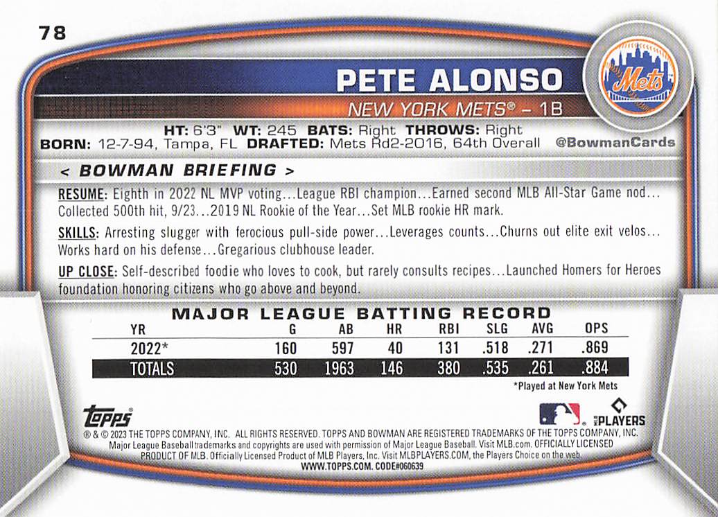 2023 Bowman Baseball Pete Alonso #78