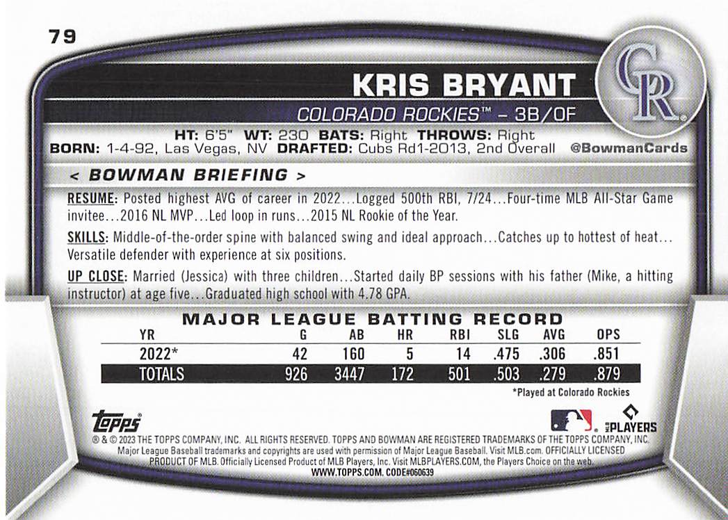2023 Bowman Baseball Kris Bryant #79