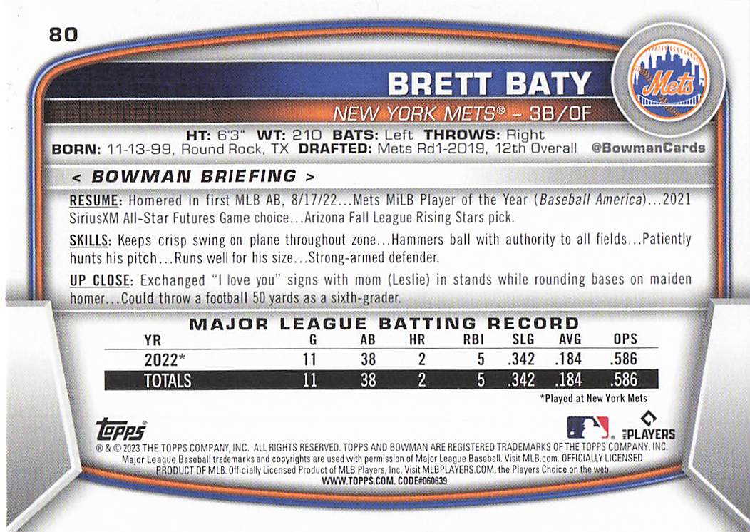2023 Bowman Baseball Brett Baty #80 Rookie