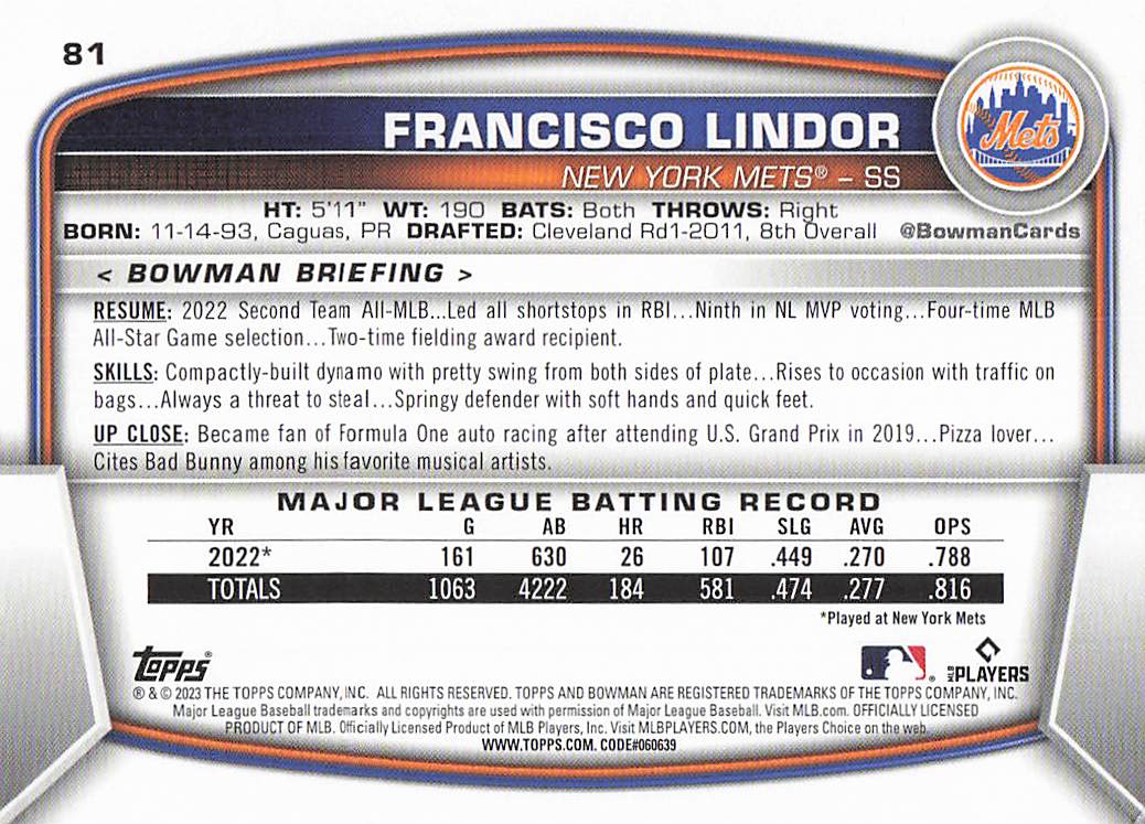 2023 Bowman Baseball Francisco Lindor #81