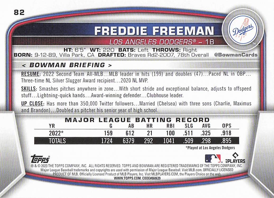 2023 Bowman Baseball Freddie Freeman #82