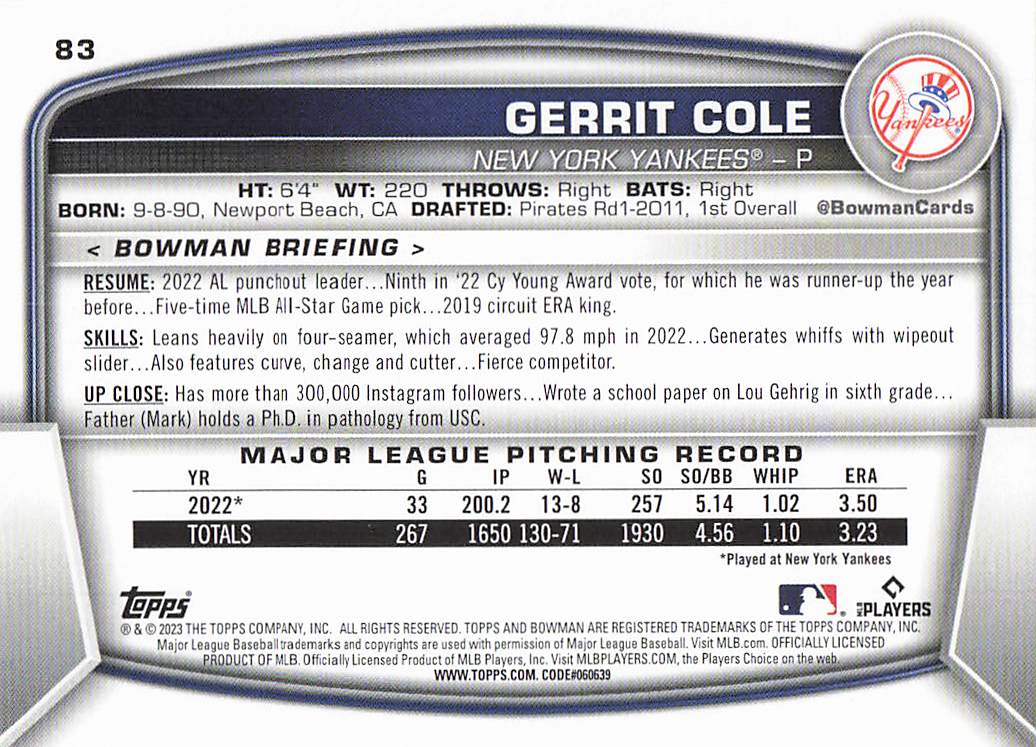 2023 Bowman Baseball Gerrit Cole #83