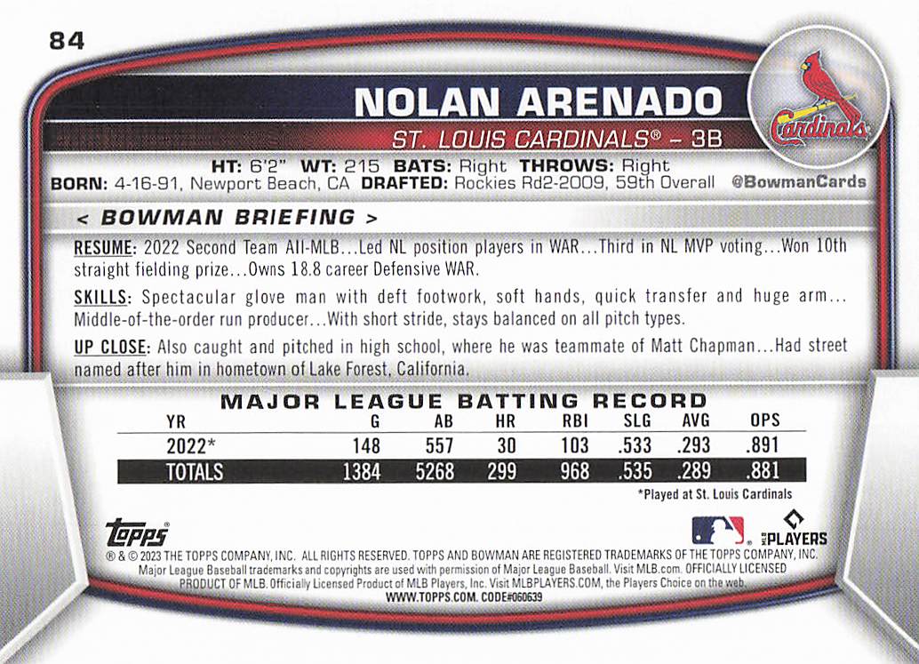 2023 Bowman Baseball Nolan Arenado #84