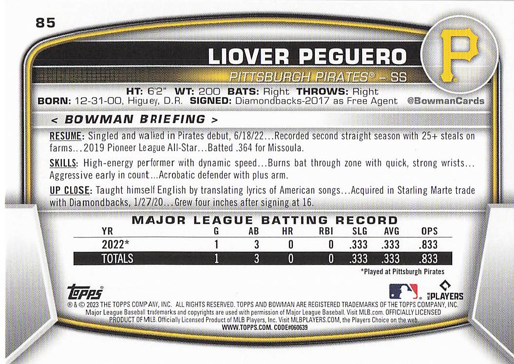 2023 Bowman Baseball Liover Peguero #85 Rookie