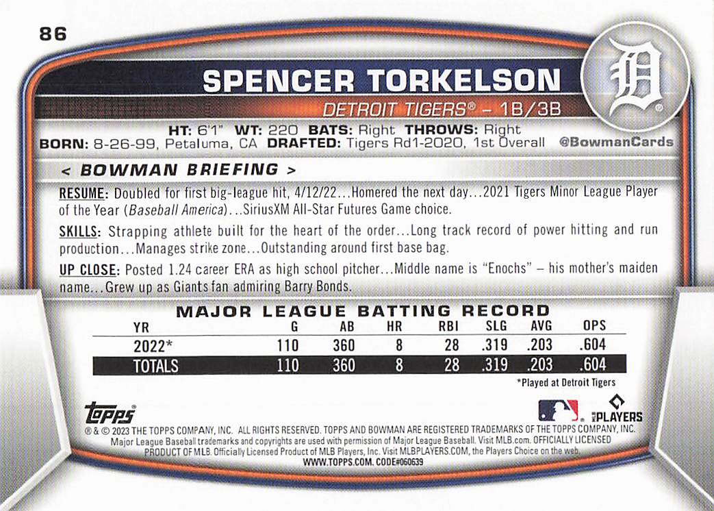 2023 Bowman Baseball Spencer Torkelson #86