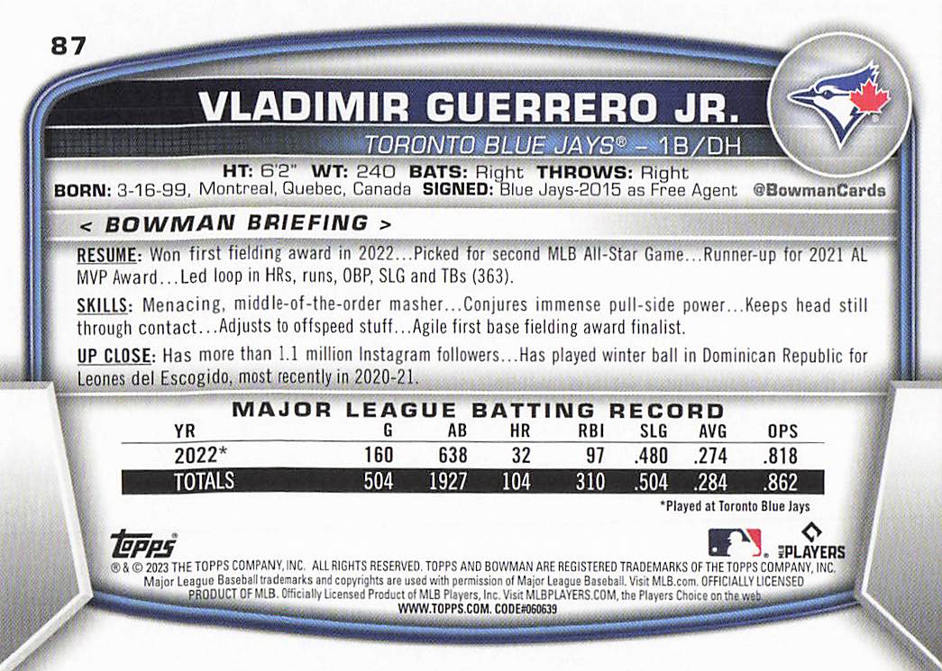 2023 Bowman Baseball Vladimir Guerrero Jr. #87