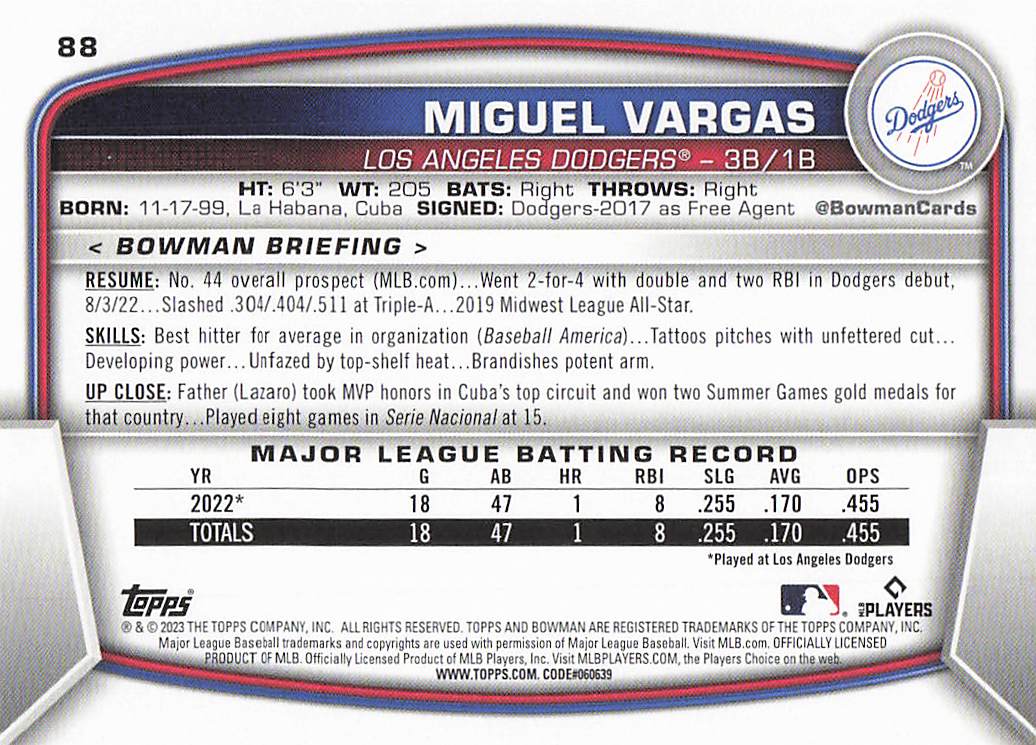 2023 Bowman Baseball Miguel Vargas #88 Rookie