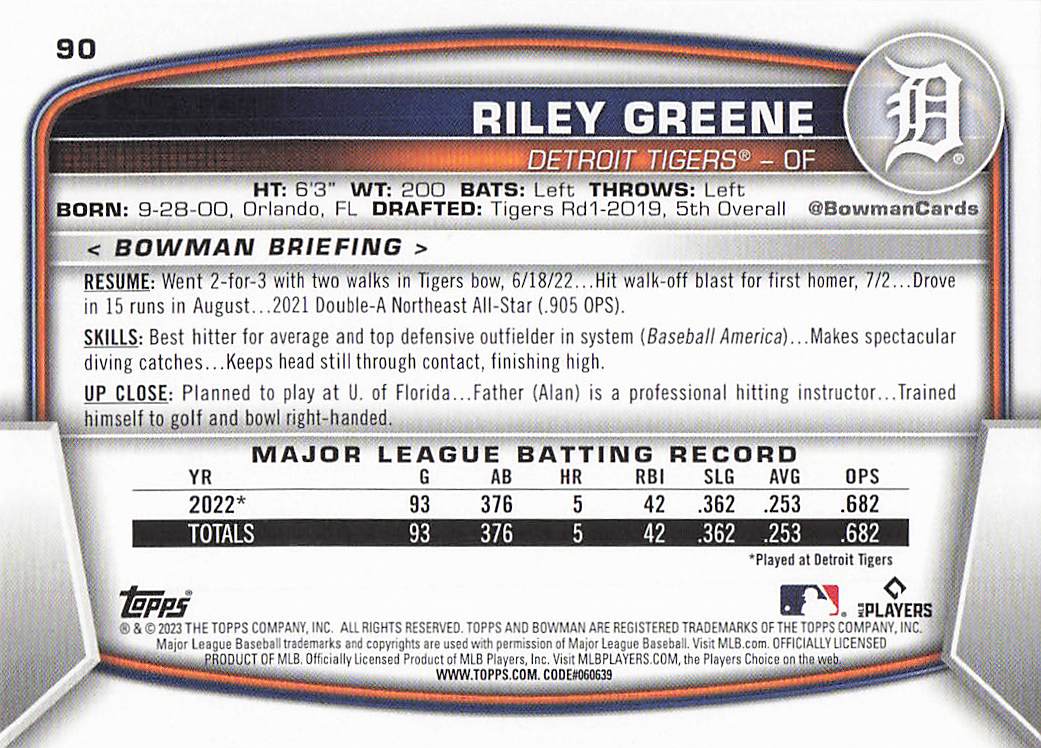2023 Bowman Baseball Riley Greene #90 Rookie