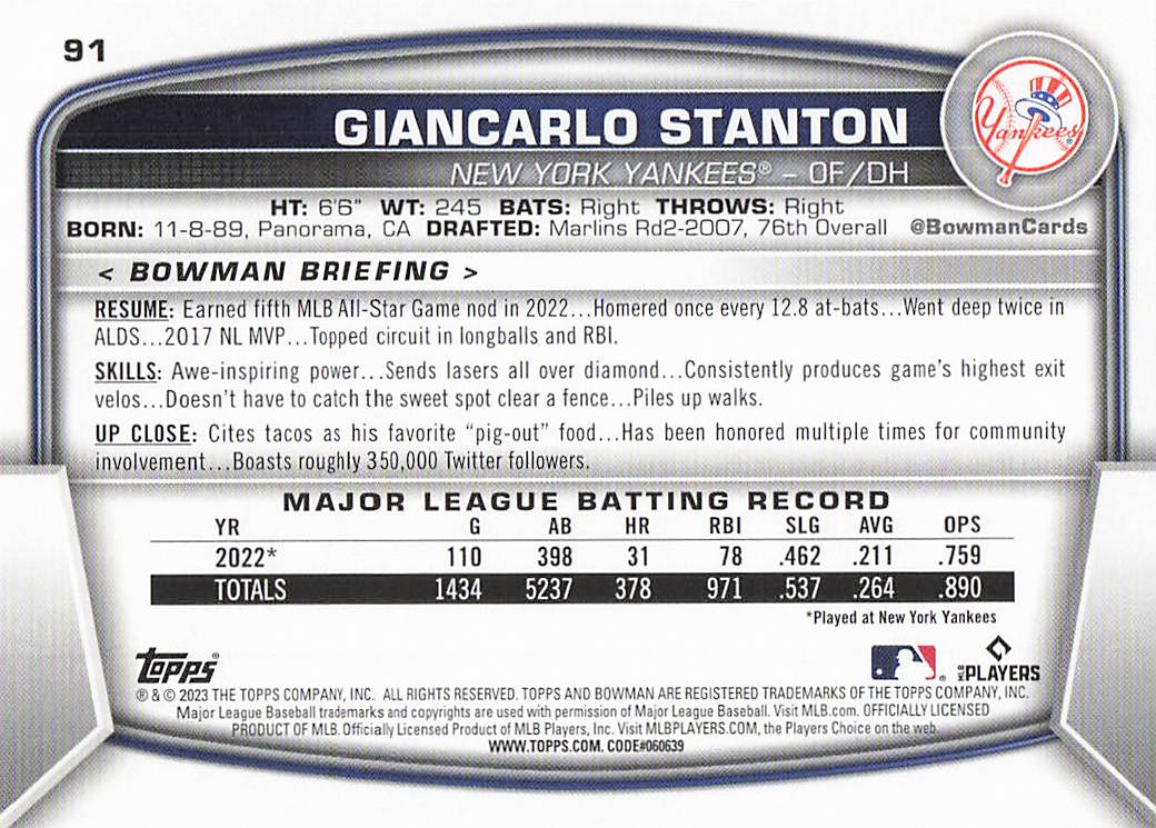 2023 Bowman Baseball Giancarlo Stanton #91