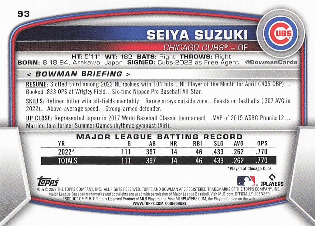 2023 Bowman Baseball Seiya Suzuki #93