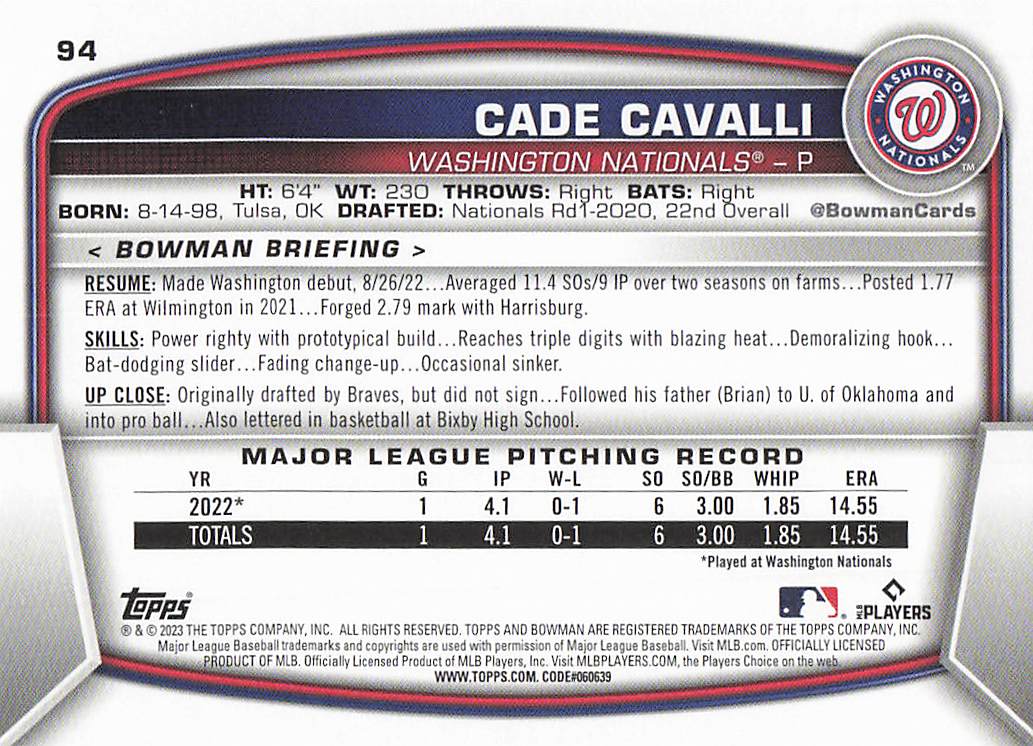 2023 Bowman Baseball Cade Cavalli #94 Rookie