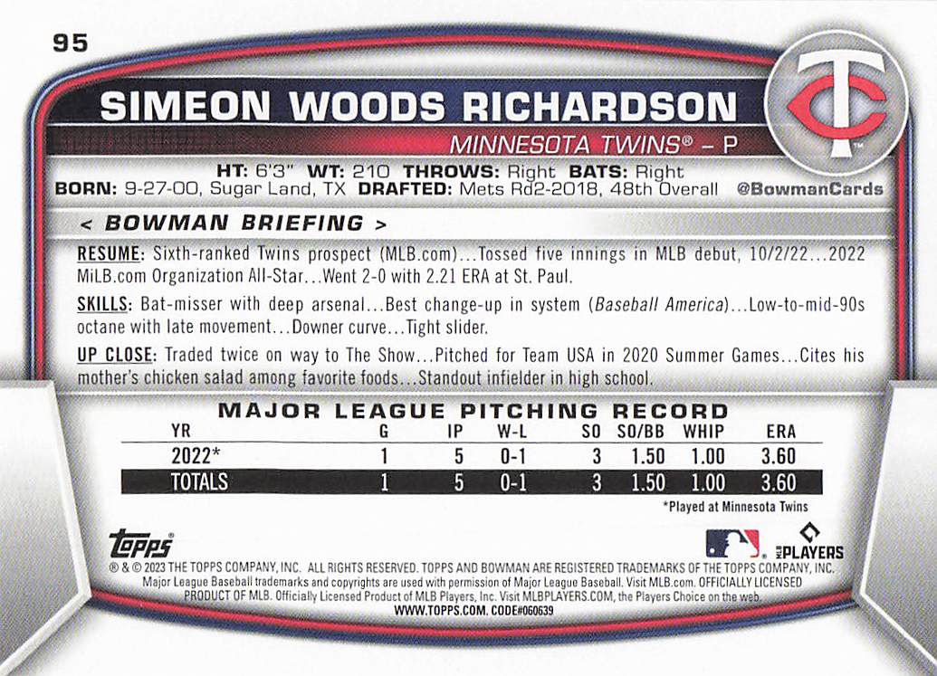 2023 Bowman Baseball Simeon Woods Richardson #95 Rookie