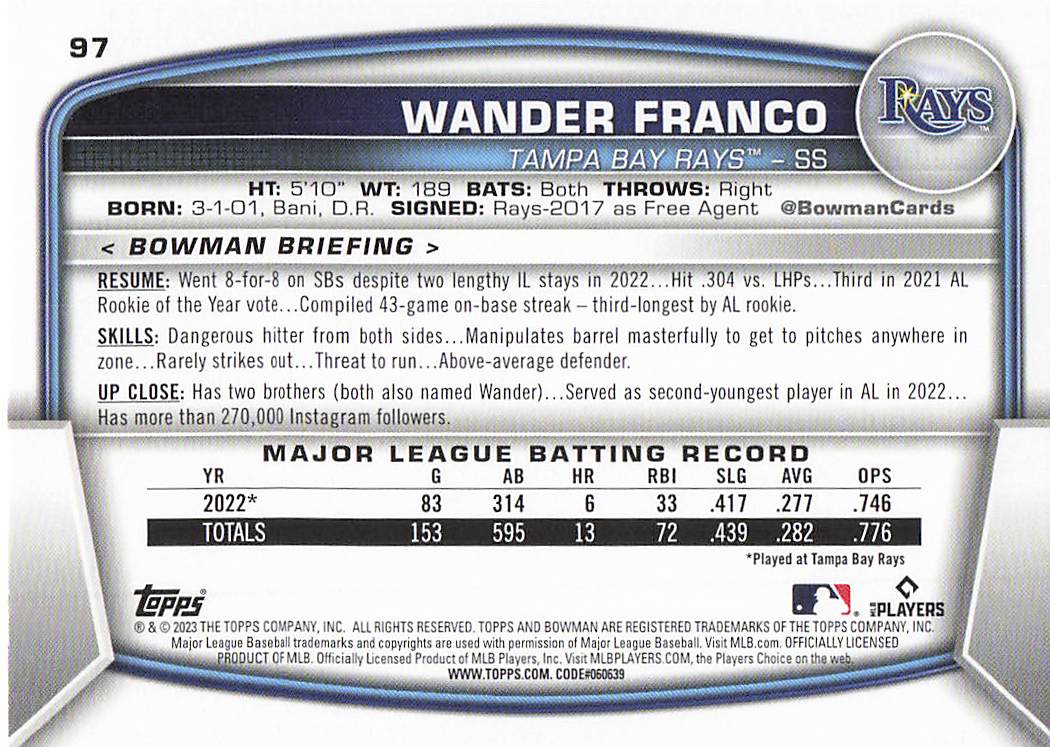 2023 Bowman Baseball Wander Franco #97