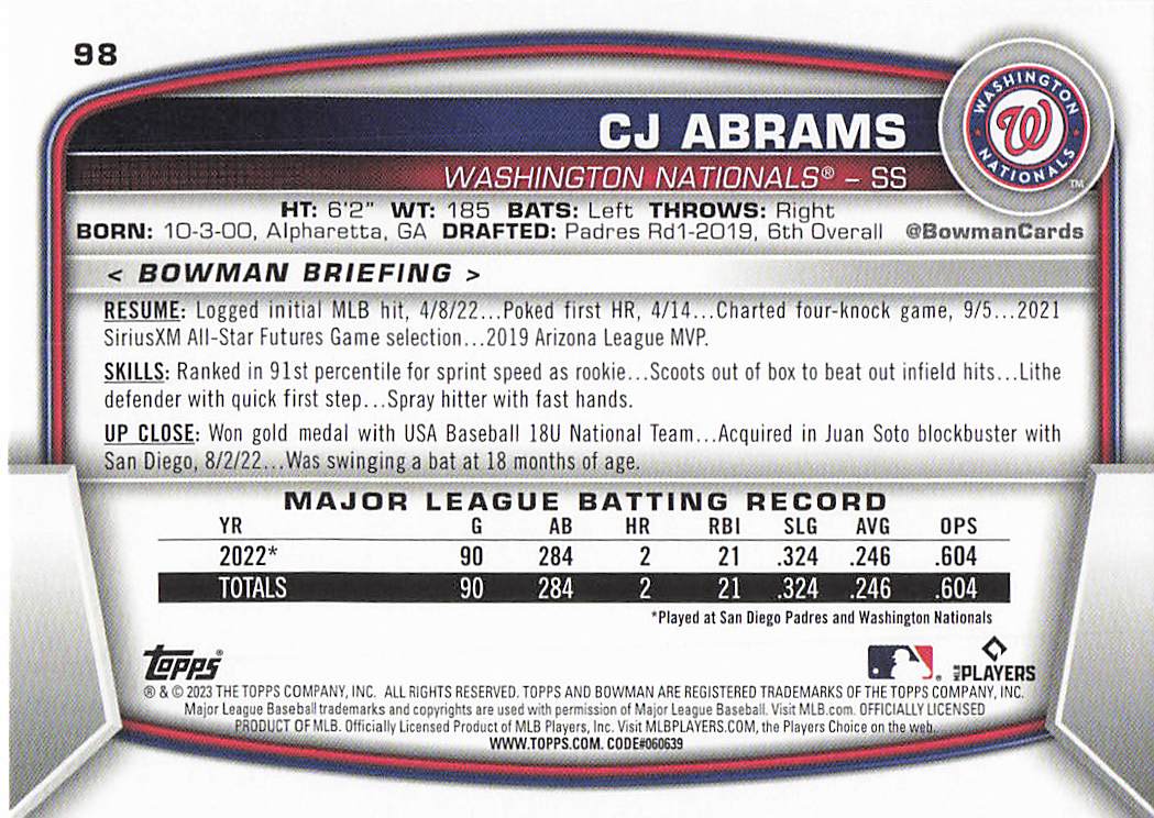 2023 Bowman Baseball CJ Abrams #98