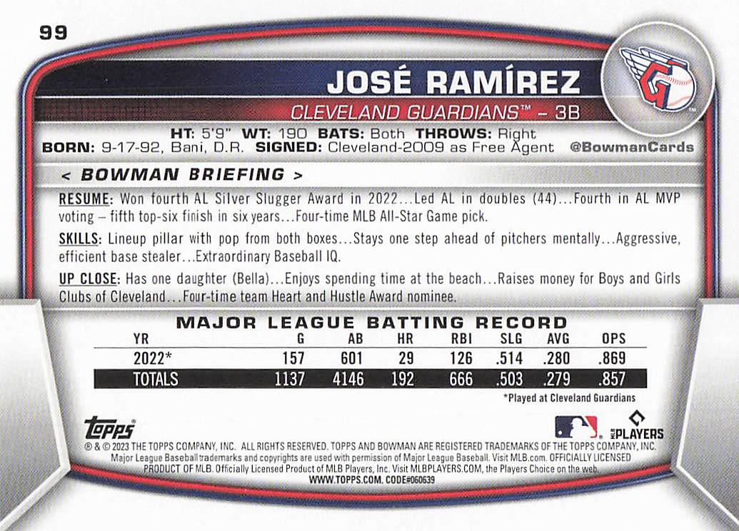 2023 Bowman Baseball Jose Ramirez #99