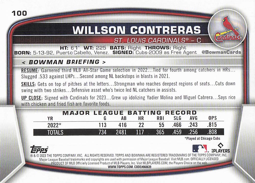 2023 Bowman Baseball Willson Contreras #100