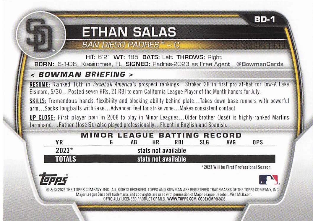 2023 Bowman Draft Baseball Ethan Salas #BD-1