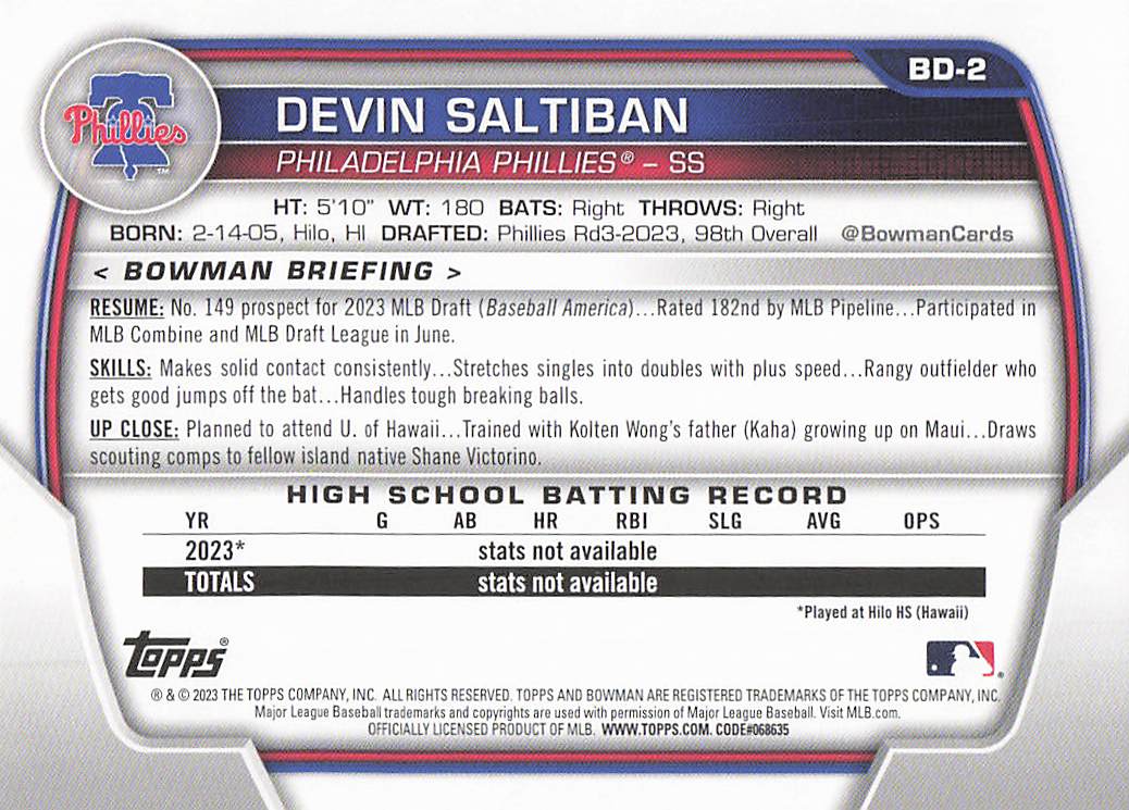 2023 Bowman Draft Baseball Devin Saltiban #BD-2