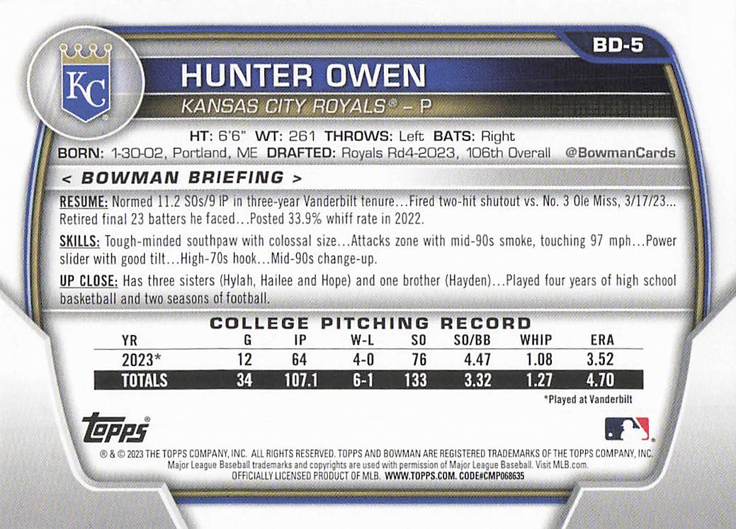 2023 Bowman Draft Baseball Hunter Owen #BD-5