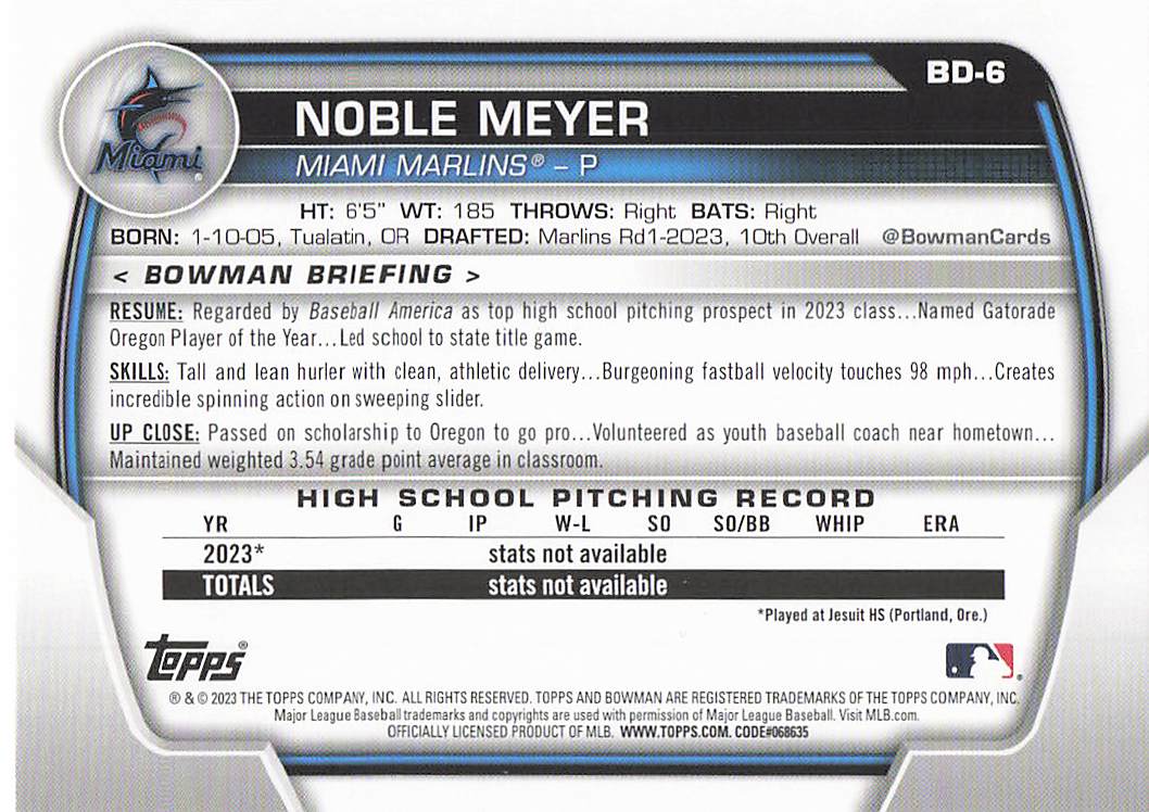 2023 Bowman Draft Baseball Noble Meyer #BD-6