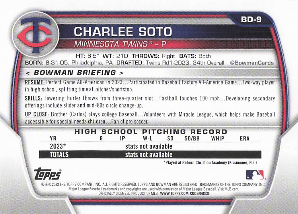 2023 Bowman Draft Baseball Charlee Soto #BD-9