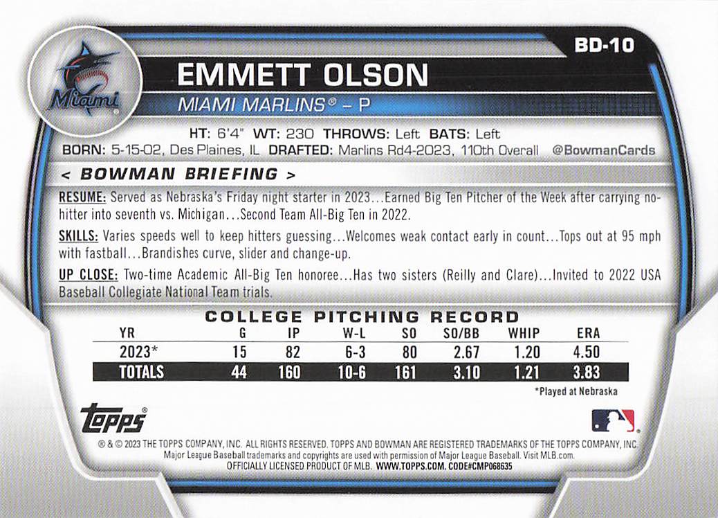 2023 Bowman Draft Baseball Emmett Olson #BD-10
