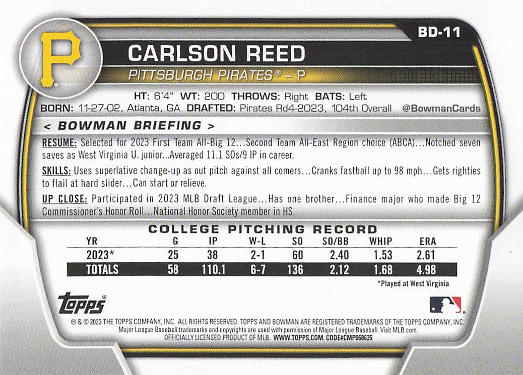 2023 Bowman Draft Baseball Carlson Reed #BD-11
