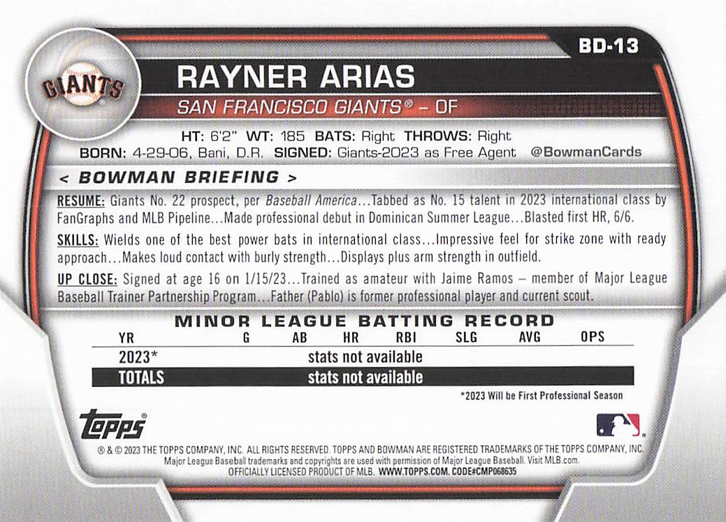 2023 Bowman Draft Baseball Rayner Arias #BDC-13