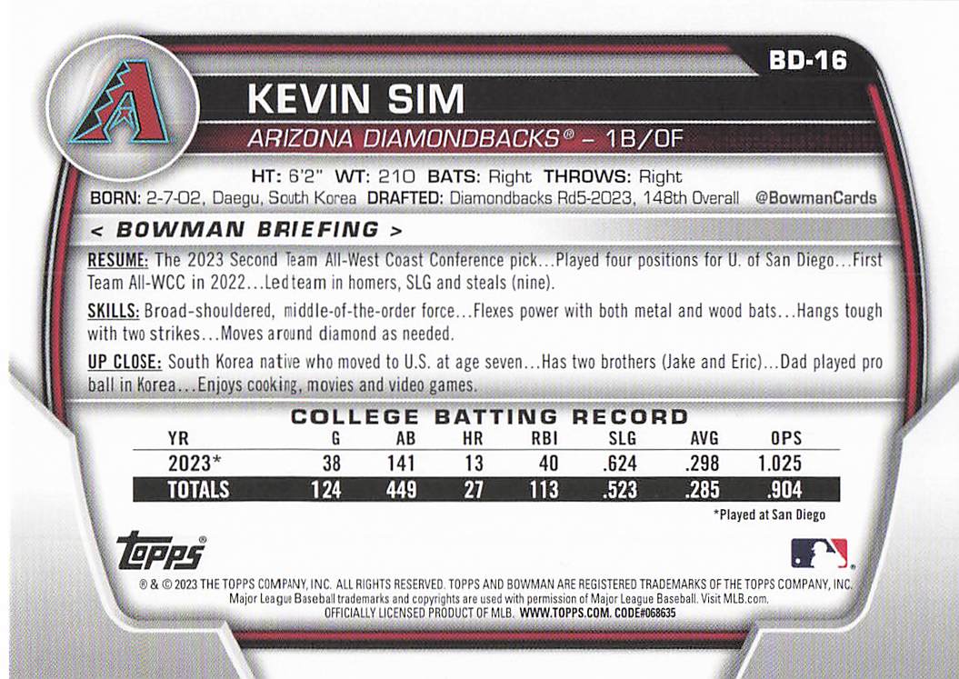 2023 Bowman Draft Baseball Kevin Sim #BD-16