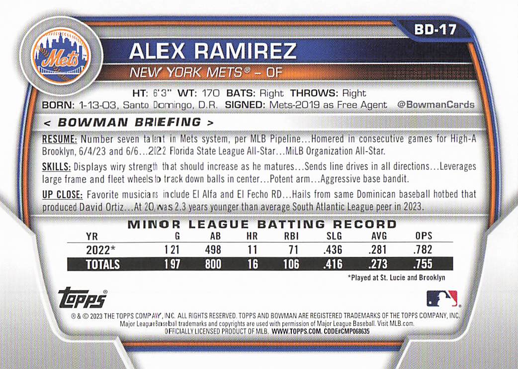 2023 Bowman Draft Baseball Alex Ramirez #BDC-17
