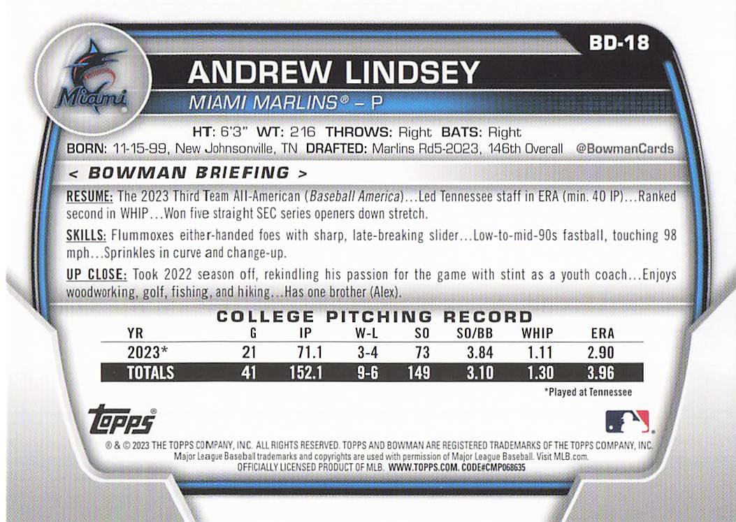2023 Bowman Draft Baseball Andrew Lindsey #BD-18