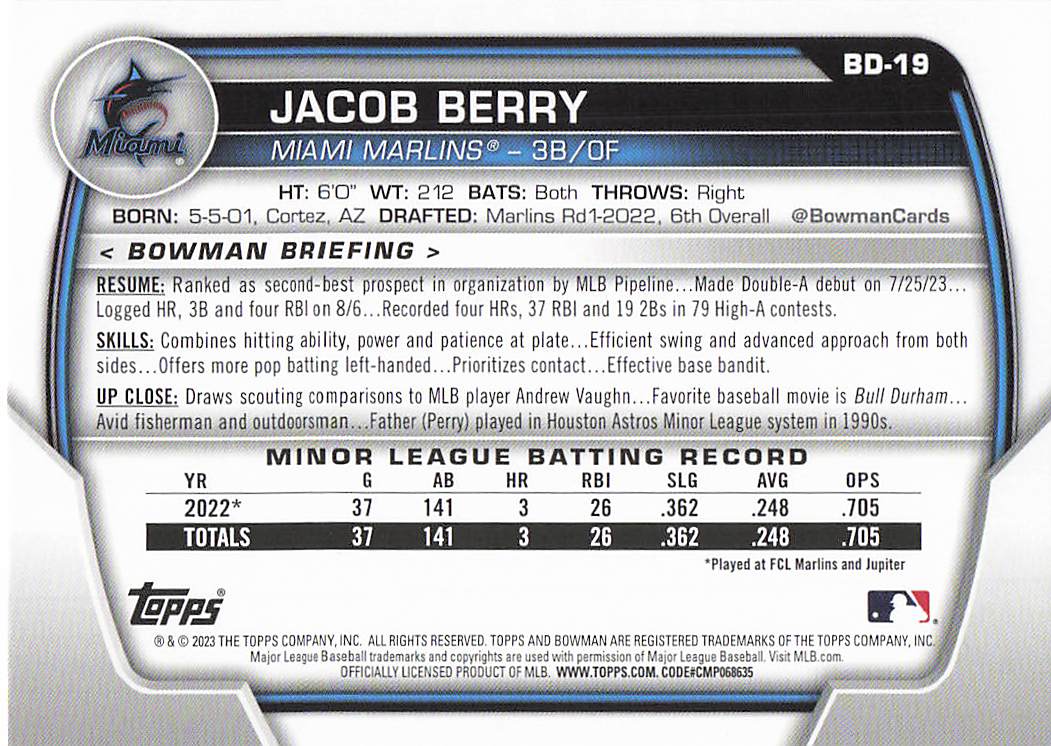 2023 Bowman Draft Baseball Jacob Berry #BD-19