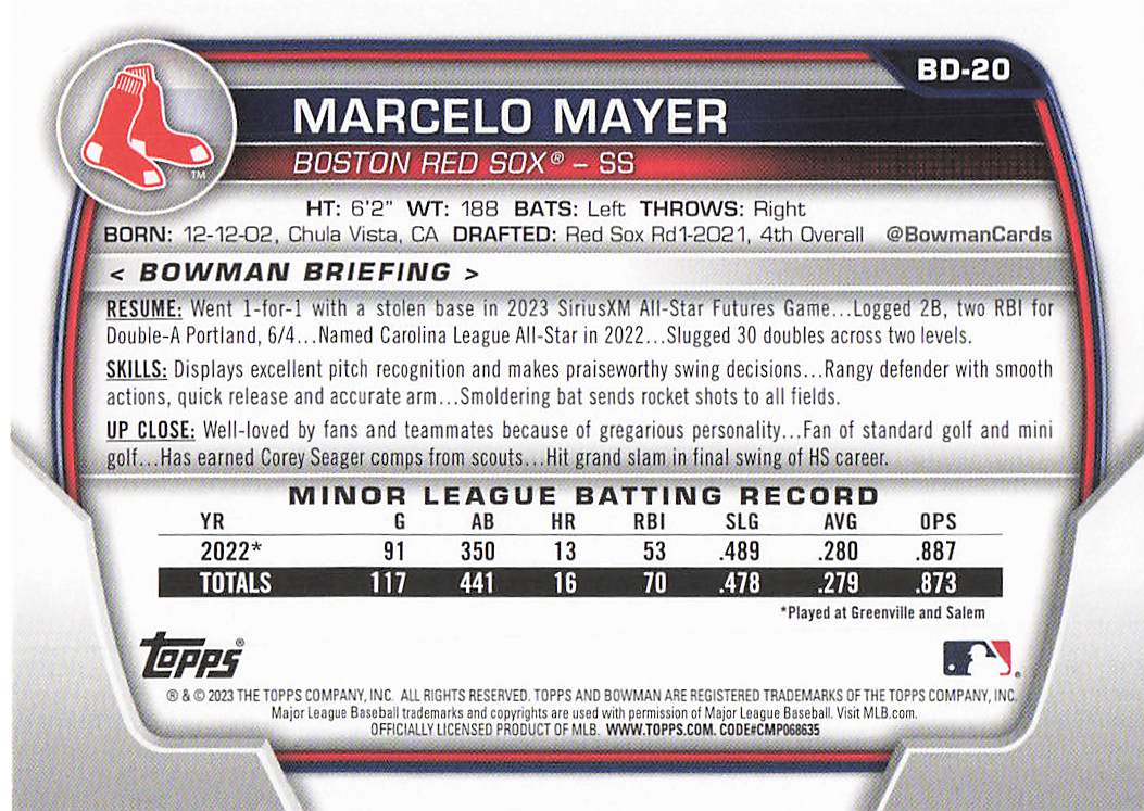 2023 Bowman Draft Baseball Marcelo Mayer #BD-20