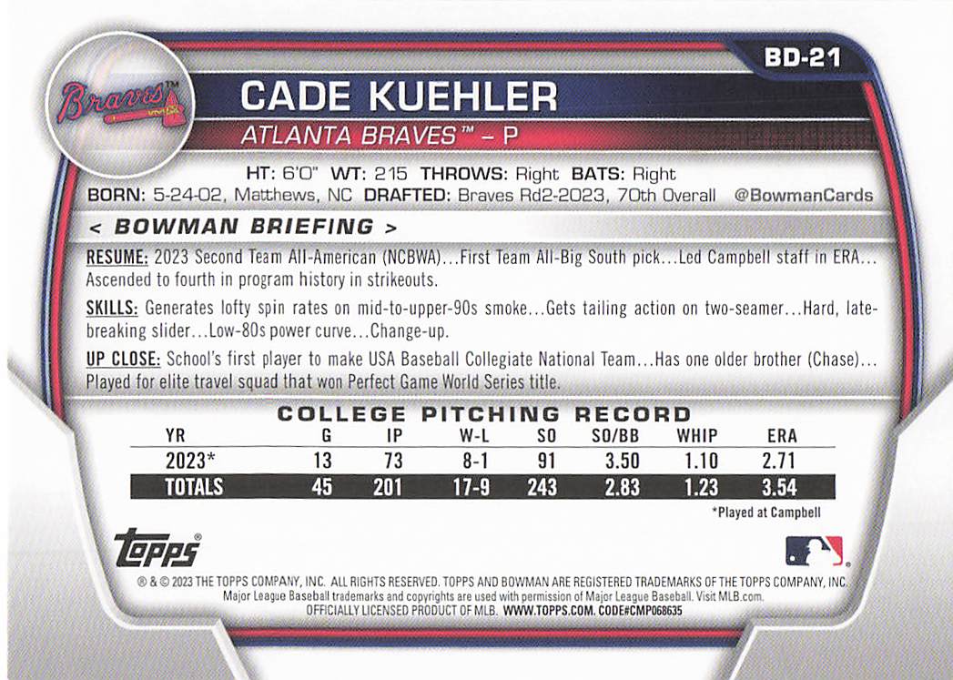 2023 Bowman Draft Baseball Cade Kuehler #BD-21