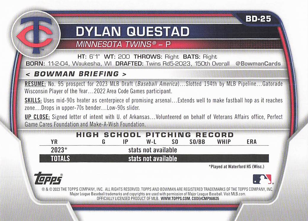 2023 Bowman Draft Baseball Dylan Questad #BD-25
