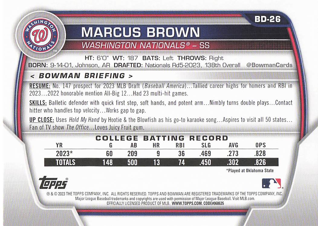 2023 Bowman Draft Baseball Marcus Brown #BD-26