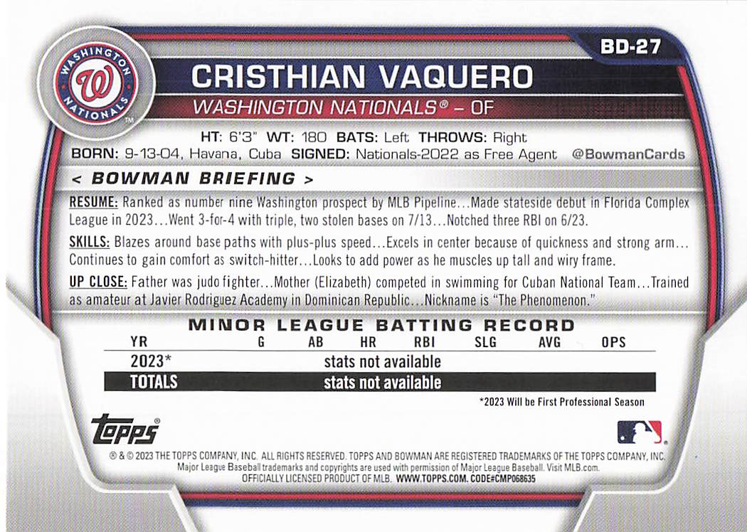 2023 Bowman Draft Baseball Cristhian Vaquero #BD-27