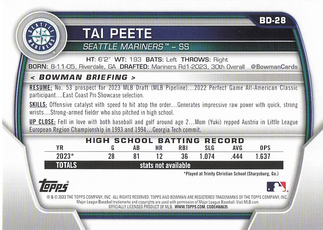 2023 Bowman Draft Baseball Tai Peete #BDC-28