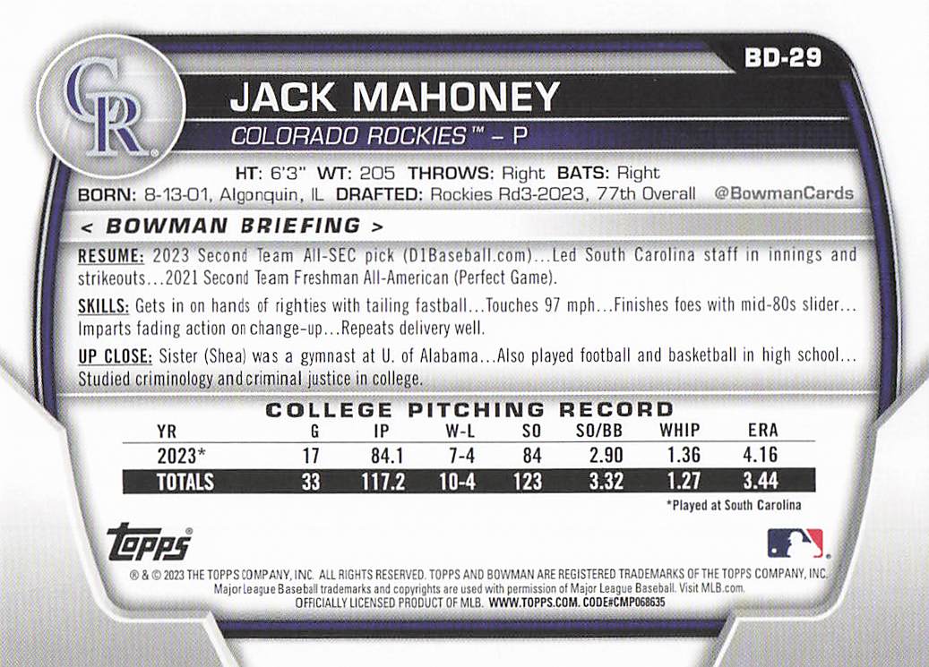 2023 Bowman Draft Baseball Jack Mahoney #BD-29