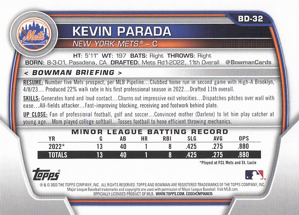 2023 Bowman Draft Baseball Kevin Parada #BD-32