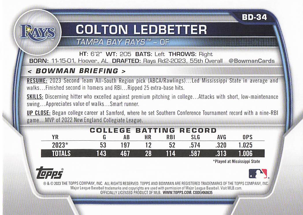 2023 Bowman Draft Baseball Colton Ledbetter #BD-34